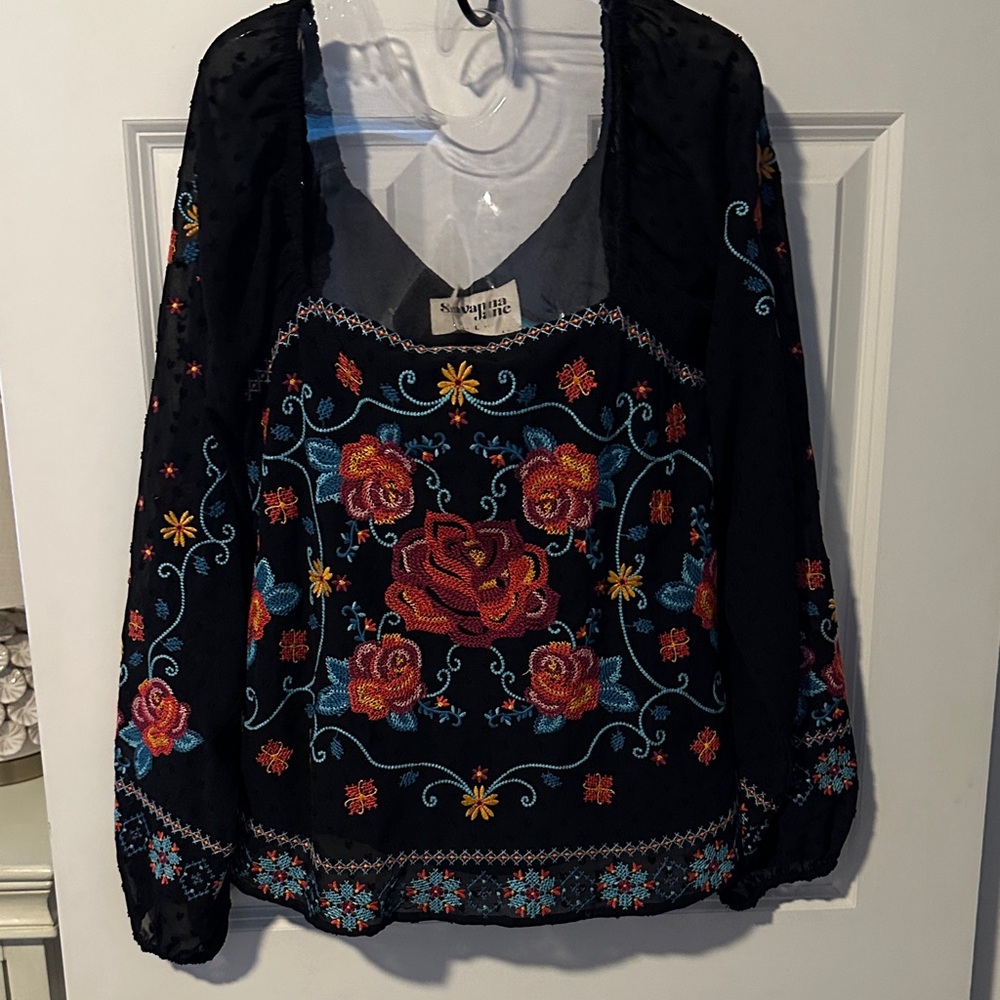 Savanna Jane Black Blouse with Red and Blue Embroidery